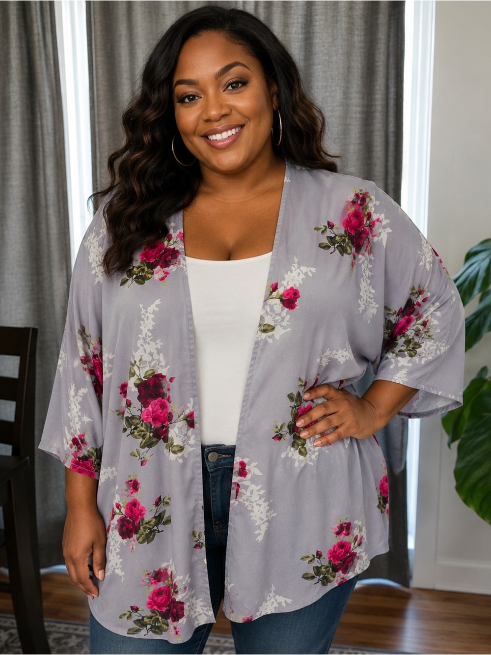 Amazon Lavender Floral Open-Front Kimono with Pink Roses